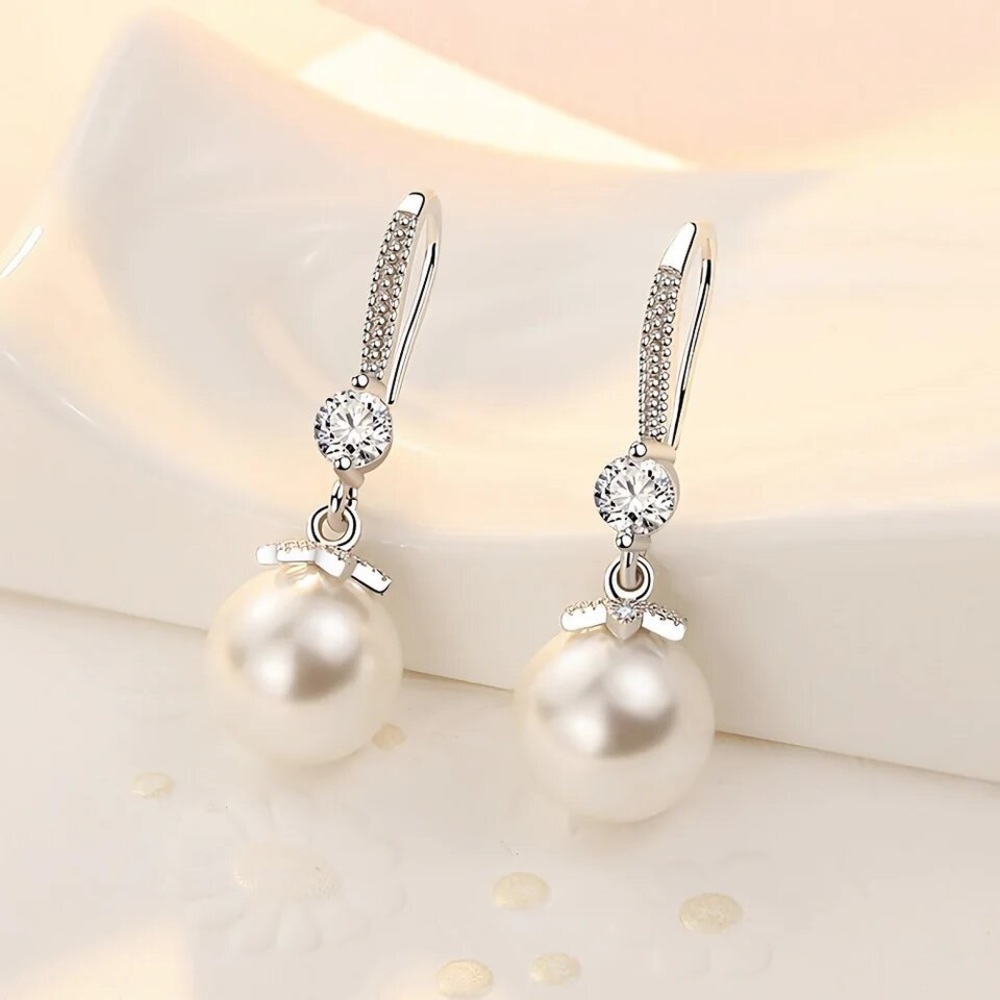 925 Sterling silver Pretty crystal pearl earrings for women fashion designer - Picture 1 of 6